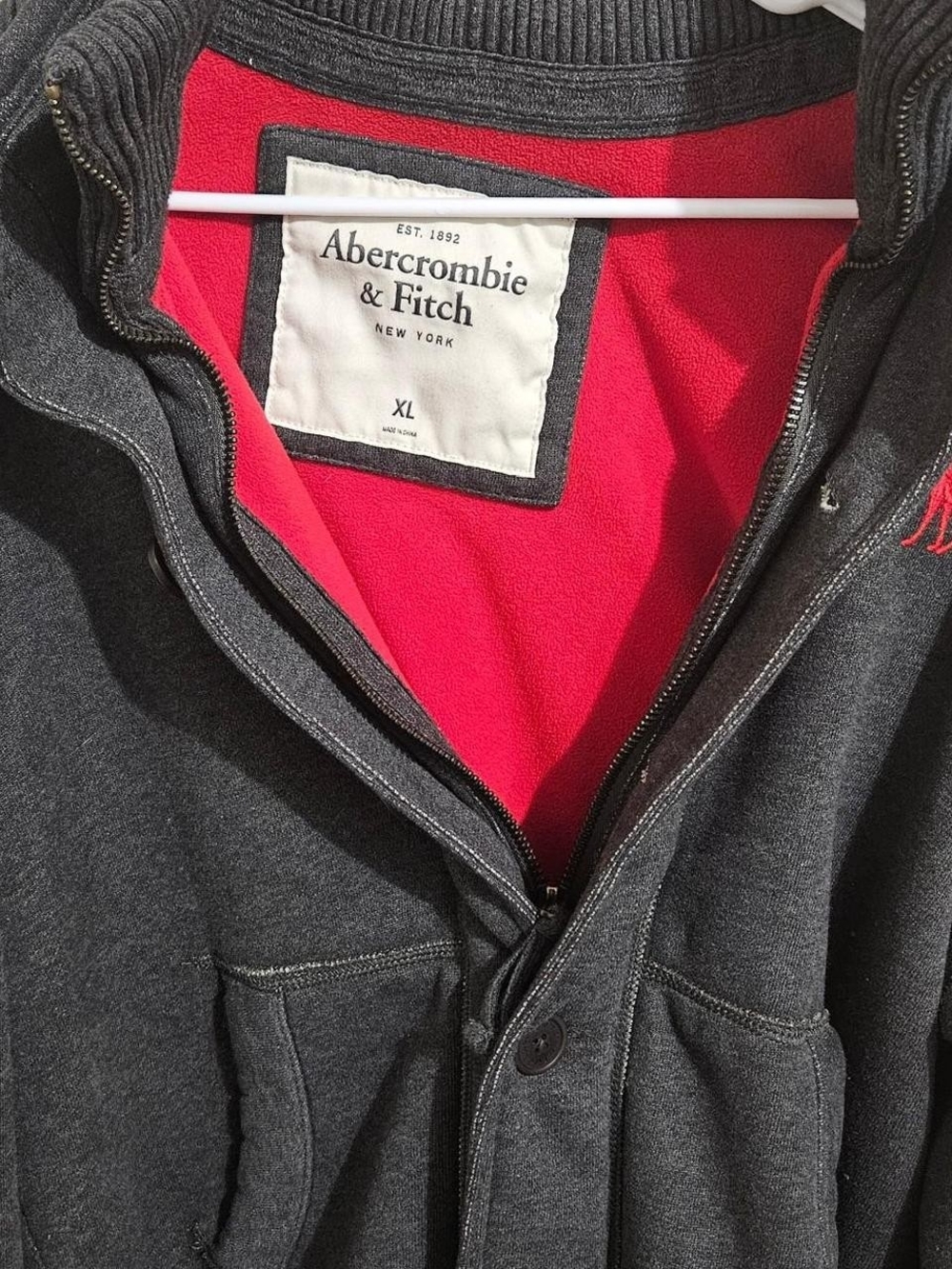 Abercrombie & Fitch Men’s Charcoal Gray Jacket with Red Lining